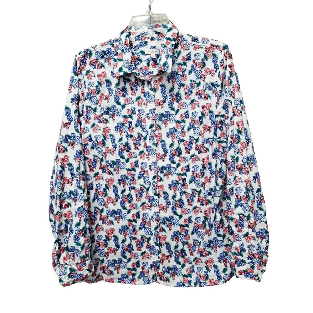 Talbots 100% Cotton Pine Cone Novelty Print Roll-Tab Sleeve Button-Up Shirt Sz M